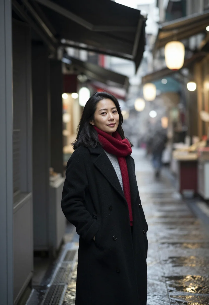 AI night market lantern red sample — portrait of a woman, framed three-quarter length from the kn