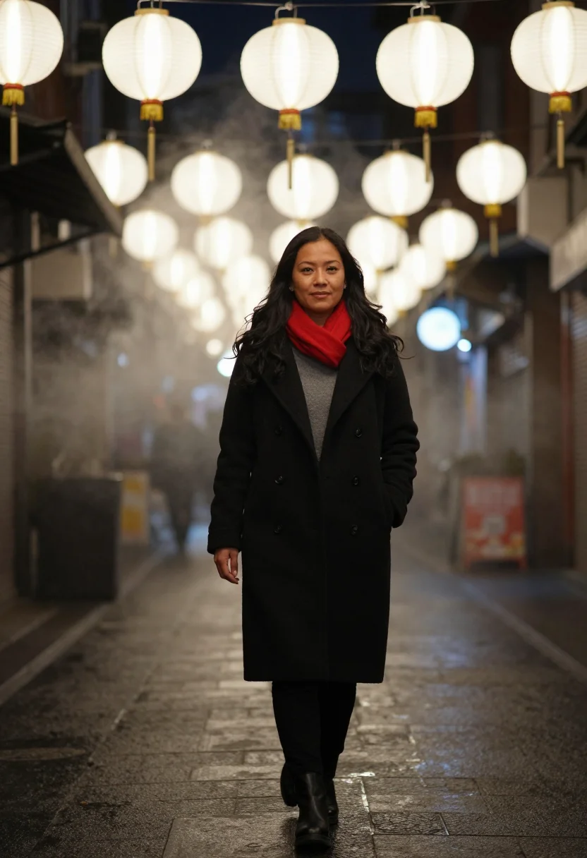 AI night market lantern red sample — portrait of a woman, framed full-length from head to toe, a
