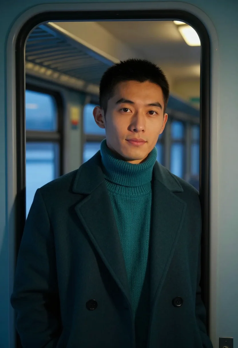 AI night train teal sample — portrait of a man, tight head-and-shoulders portrait of an E