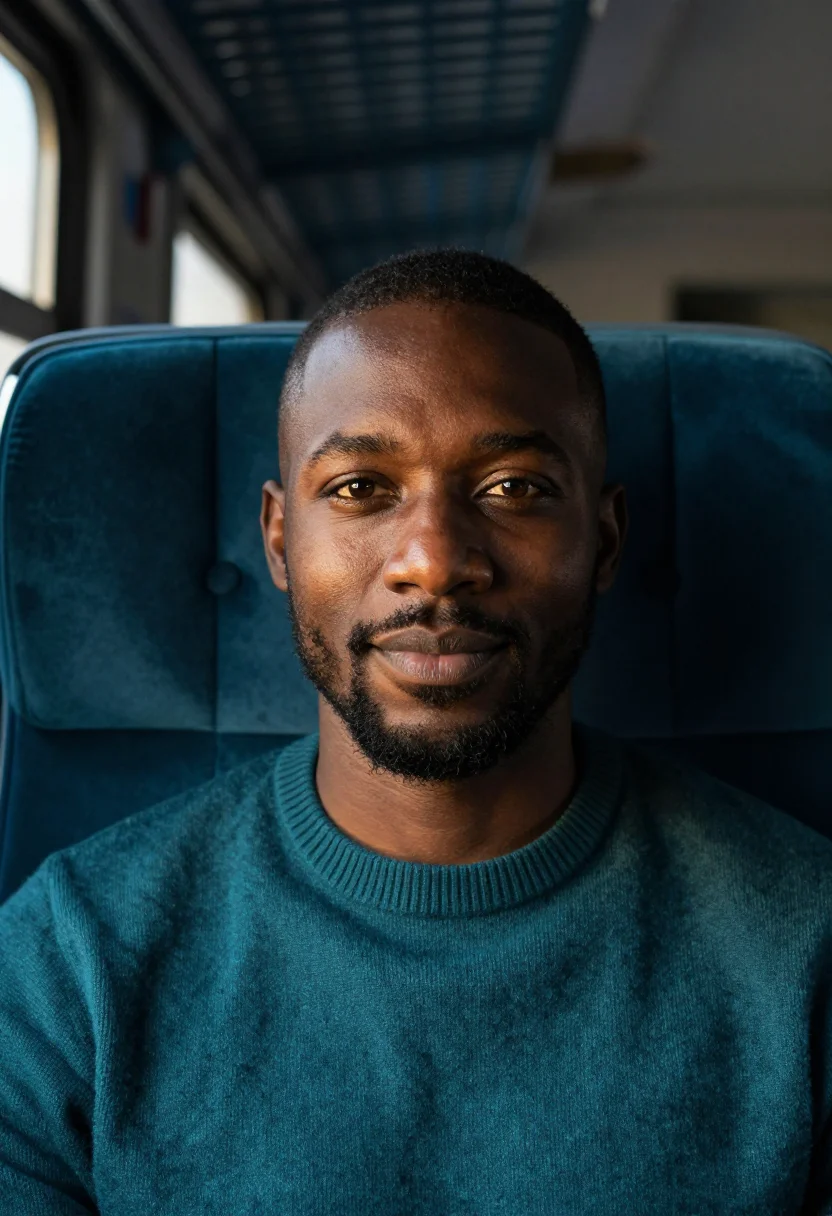 AI night train teal sample — portrait of a man, tight head-and-shoulders portrait of a Bl