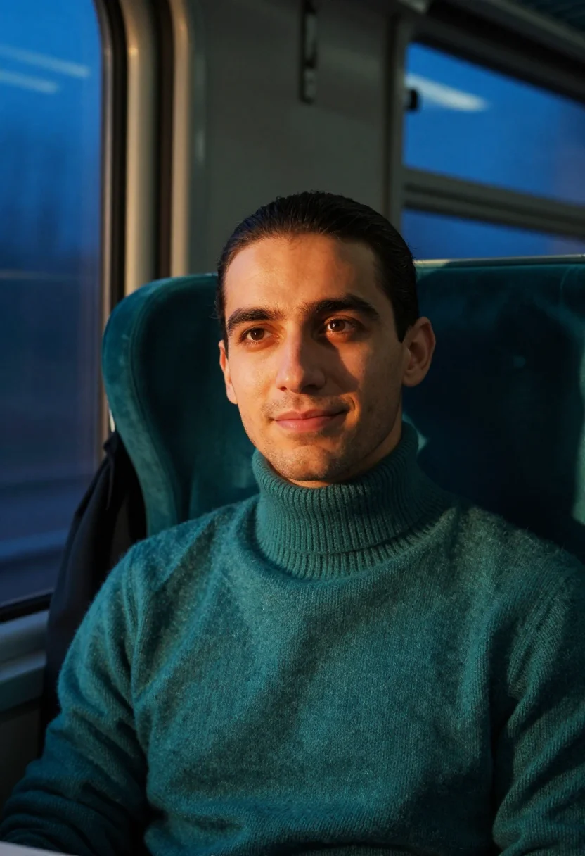 AI night train teal sample — portrait of a man, tight head-and-shoulders portrait of a So