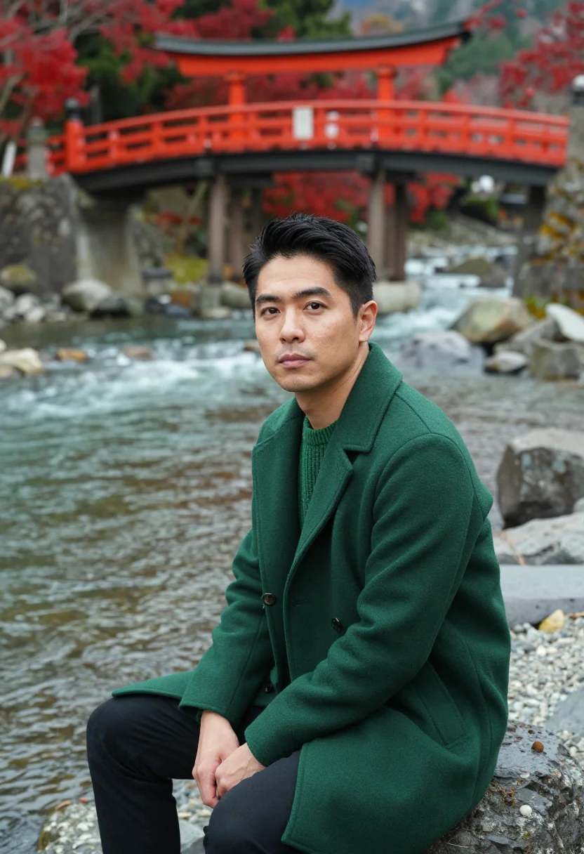 AI nikko vermilion bridge sample — portrait of a man, framed half-length from the waist up, the