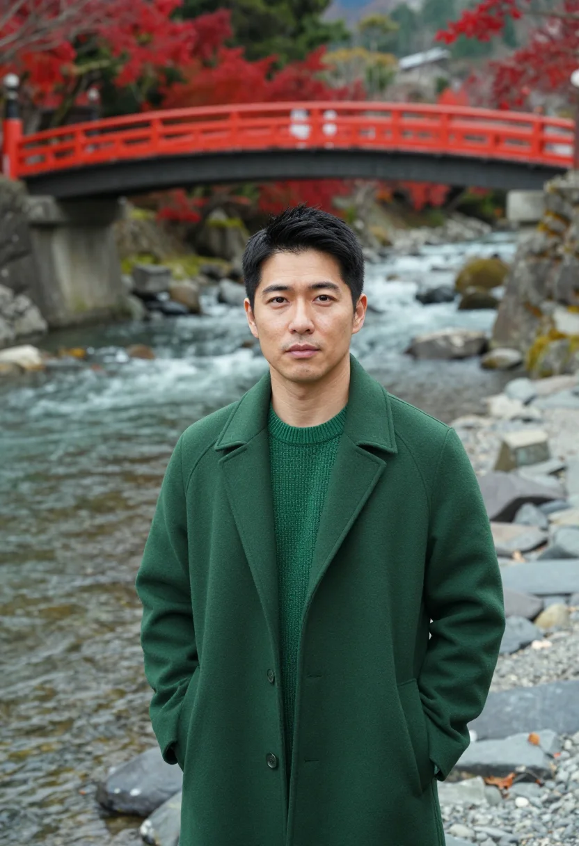 AI nikko vermilion bridge sample — portrait of a man, framed chest-up from the ribs, the body c
