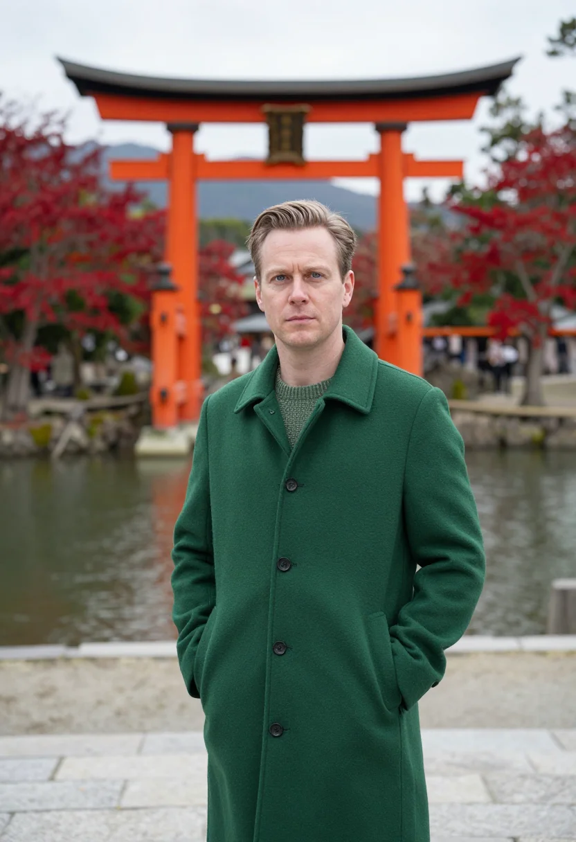 AI nikko vermilion bridge sample — portrait of a man, framed chest-up from the ribs, the body c