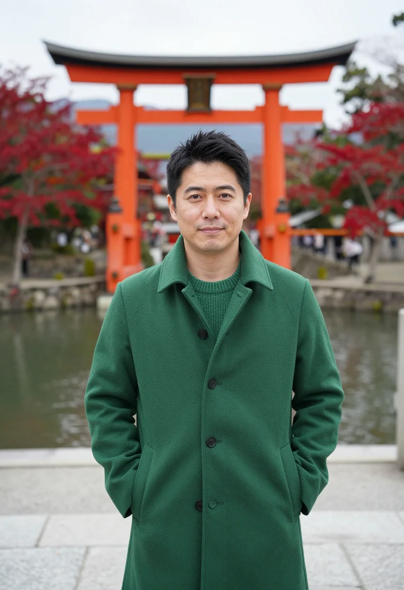 AI nikko vermilion bridge sample — portrait of a man, framed half-length from the waist up, the