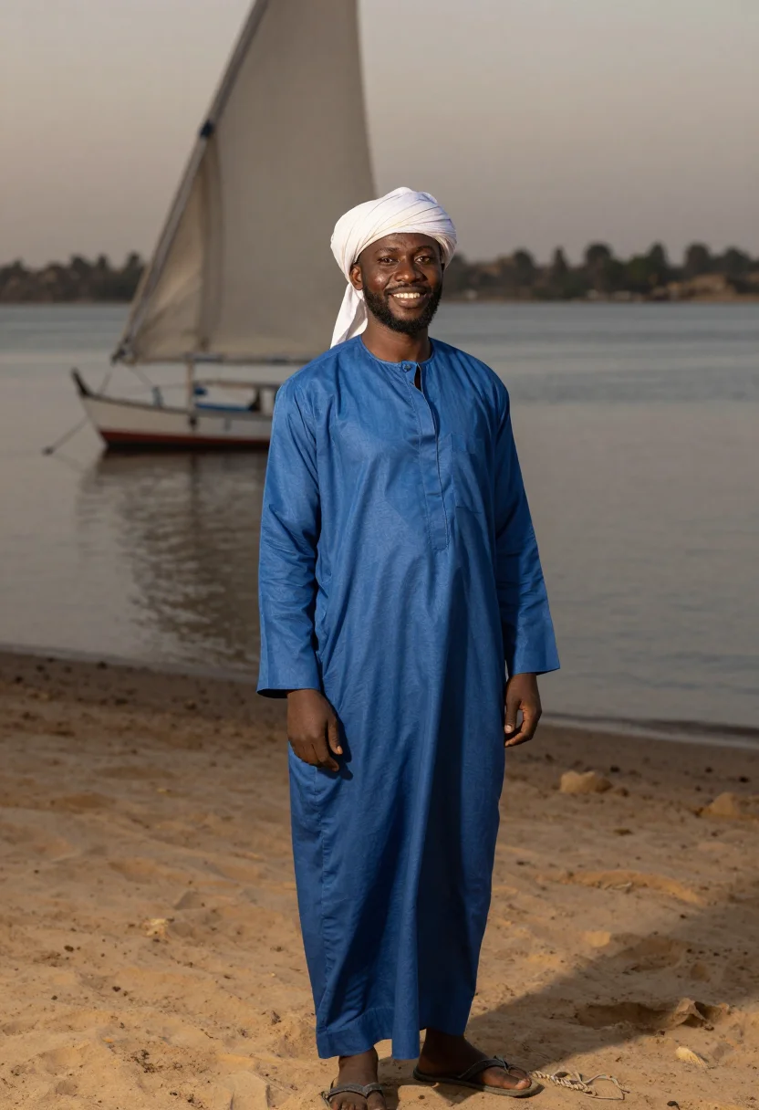 AI nile felucca indigo sand sample — portrait of a man, framed three-quarter length from the head