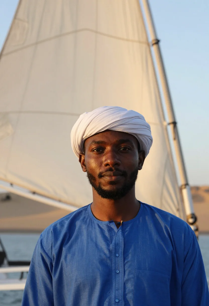 AI nile felucca indigo sand sample — portrait of a man, framed tight, head and shoulders, the bod