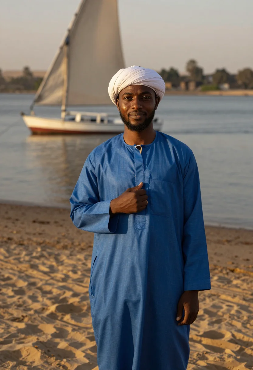 AI nile felucca indigo sand sample — portrait of a man, framed chest-up to the ribs, the body clo