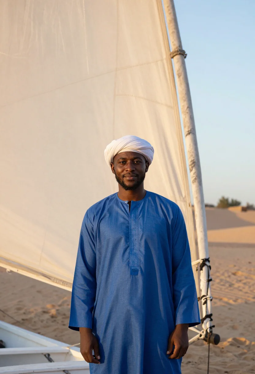 AI nile felucca indigo sand sample — portrait of a man, framed half-length from the head to the w