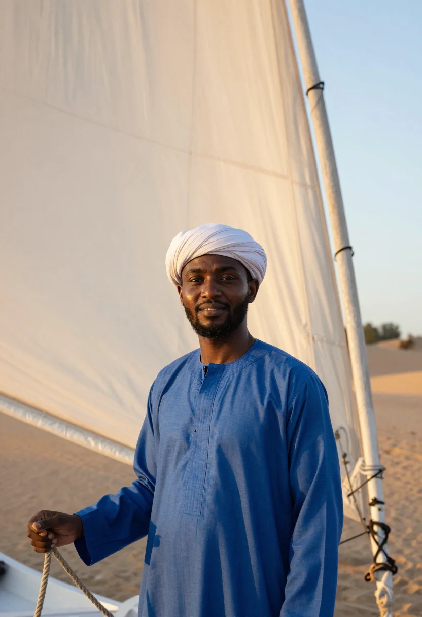 AI nile felucca indigo sand sample — portrait of a man, framed chest-up to the ribs, the body clo