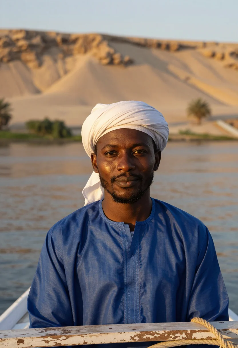 AI nile felucca indigo sand sample — portrait of a man, framed tight, head and shoulders, the bod