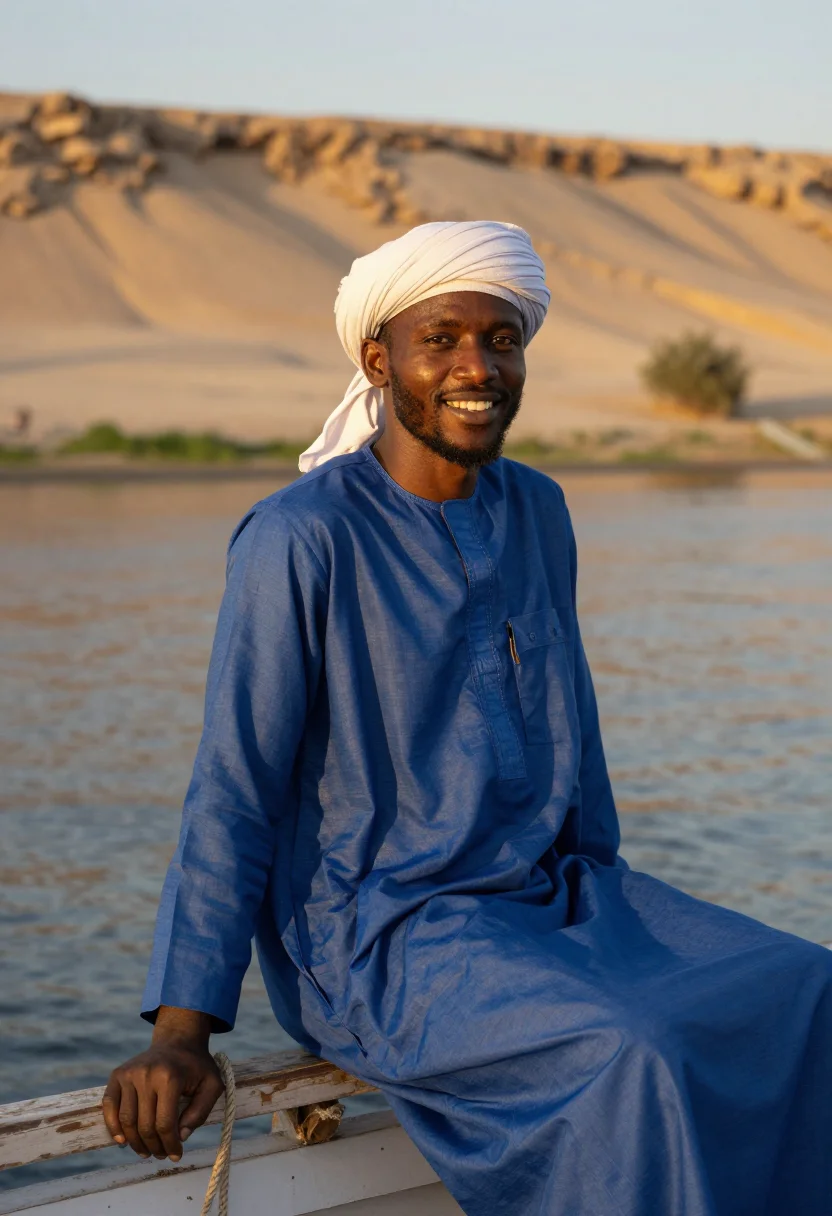 AI nile felucca indigo sand sample — portrait of a man, framed chest-up to the ribs, the body clo