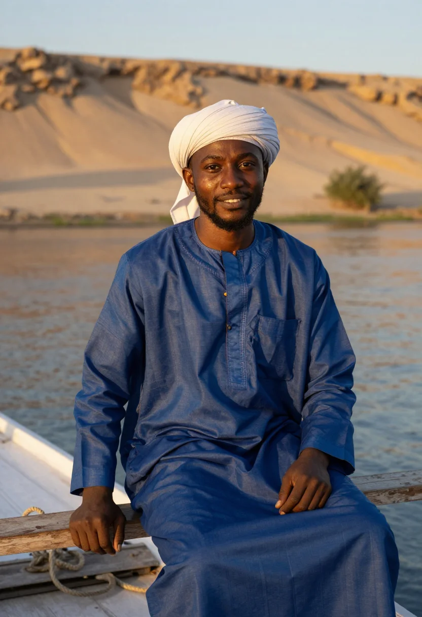 AI nile felucca indigo sand sample — portrait of a man, framed half-length from the head to the w
