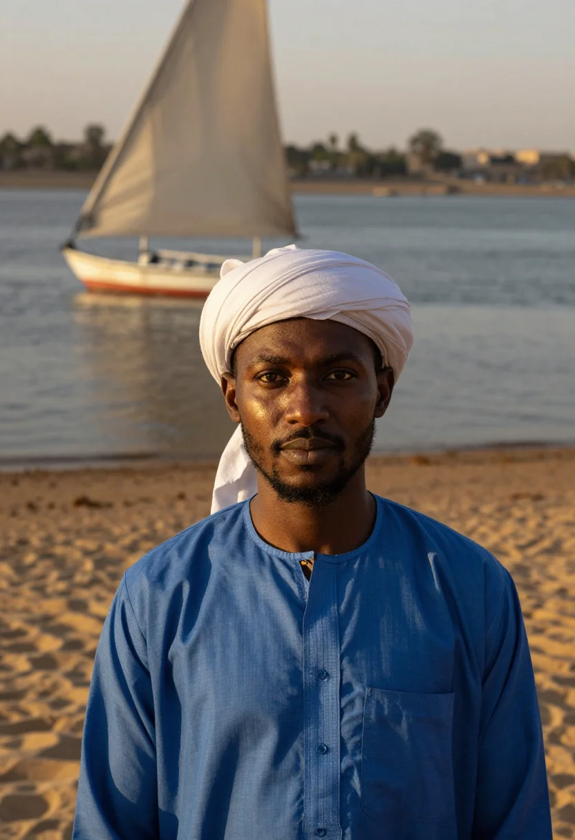 AI nile felucca indigo sand sample — portrait of a man, framed tight, head and shoulders, the bod
