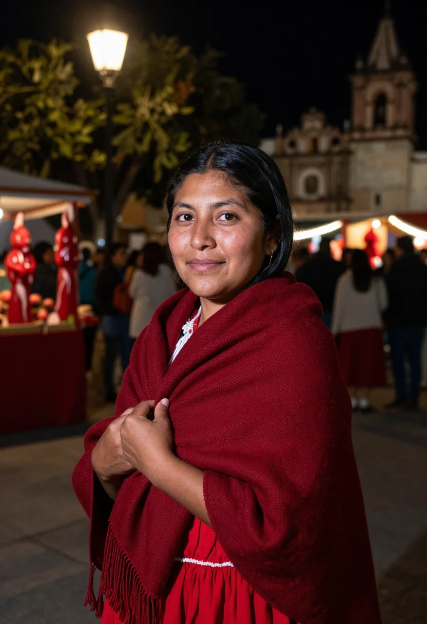 AI noche de rabanos oaxaca red sample — portrait of a woman, framed chest-up, cropped at the ribs, t
