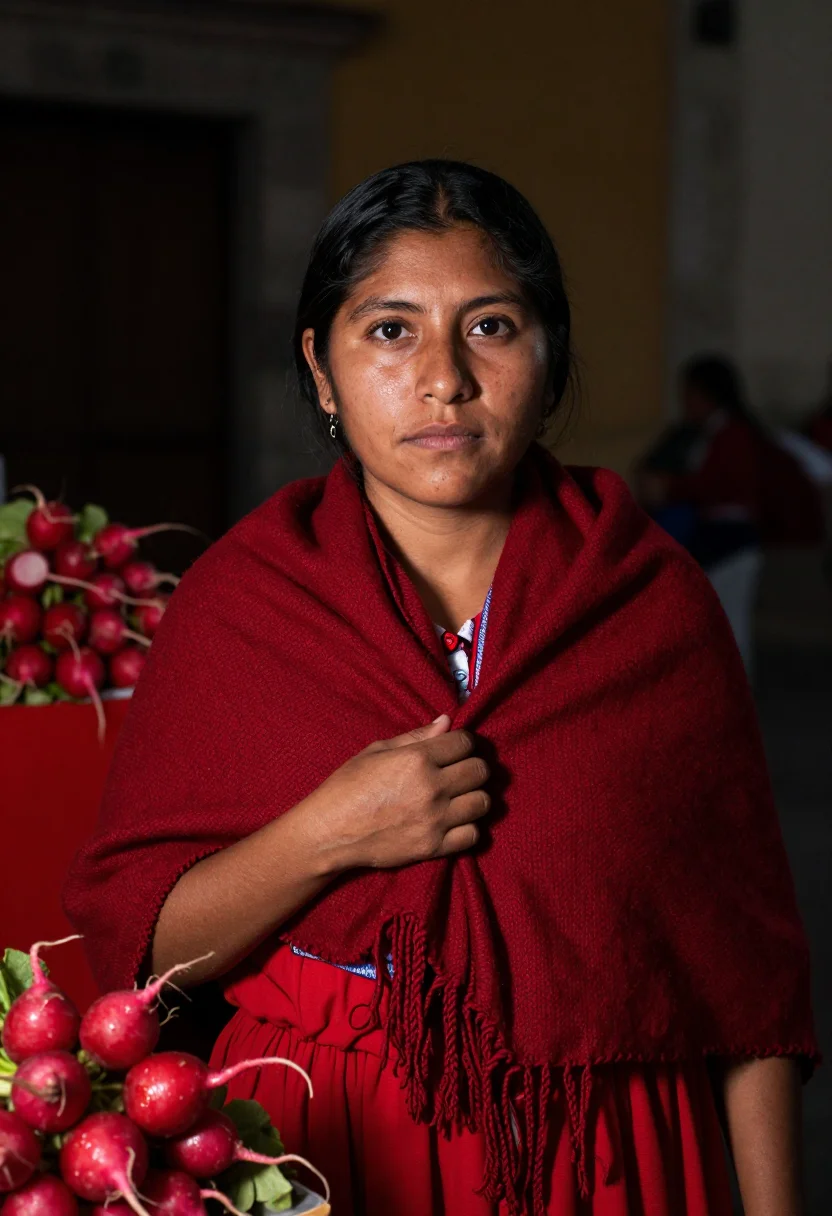 AI noche de rabanos oaxaca red sample — portrait of a woman, framed chest-up, cropped at the ribs, t