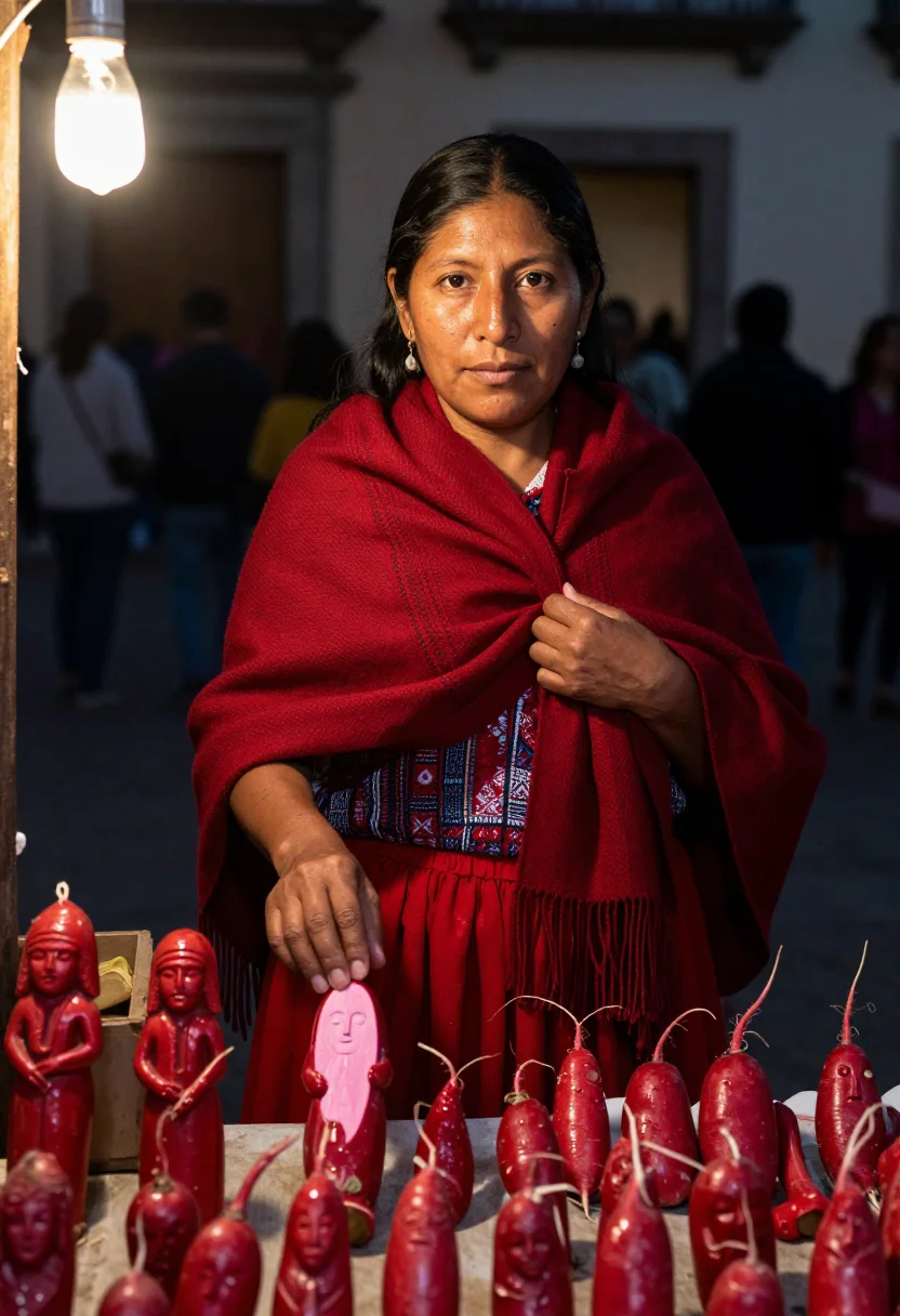 AI noche de rabanos oaxaca red sample — portrait of a woman, framed three-quarter length from the he