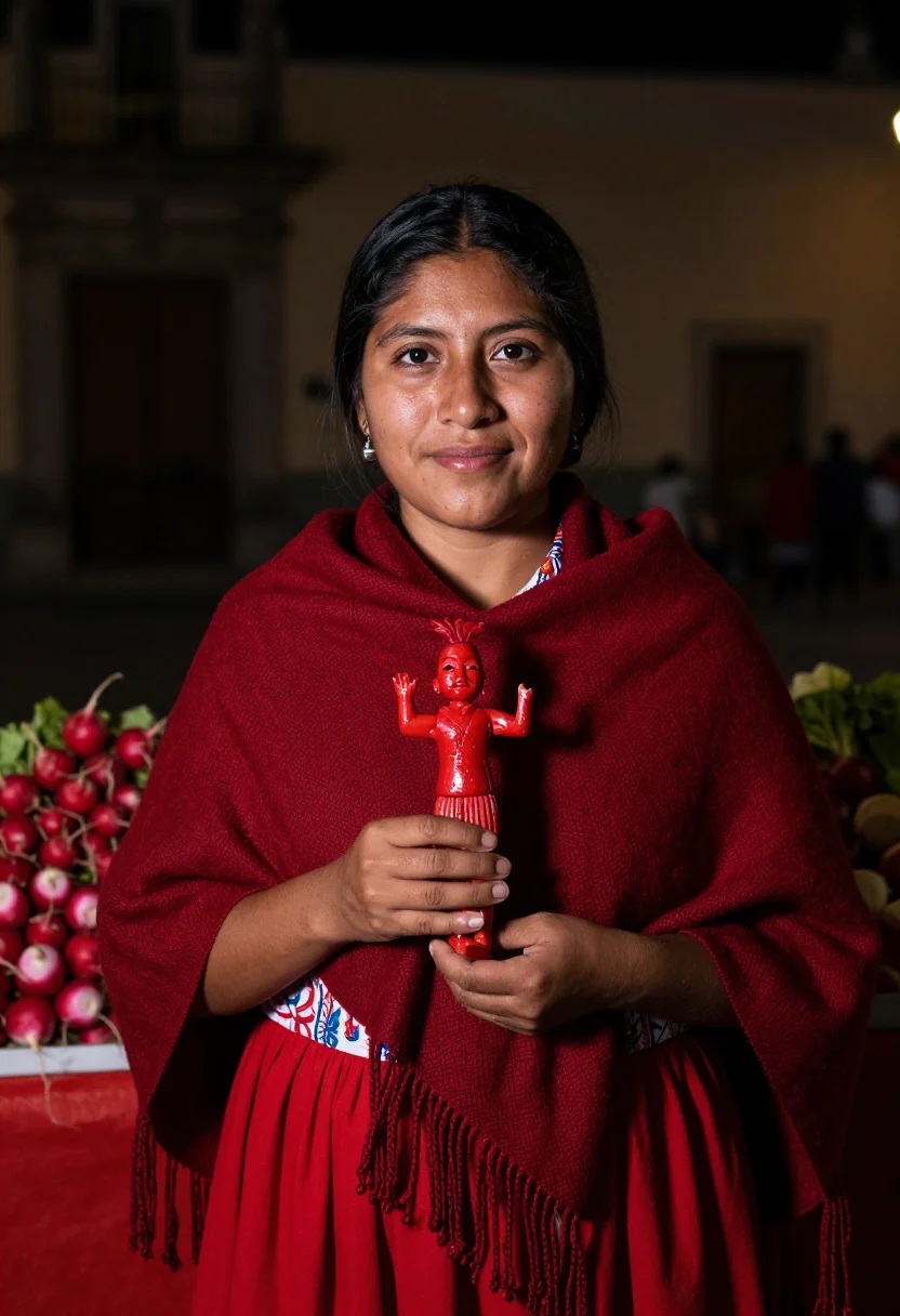 AI noche de rabanos oaxaca red sample — portrait of a woman, framed half-length from the head to the