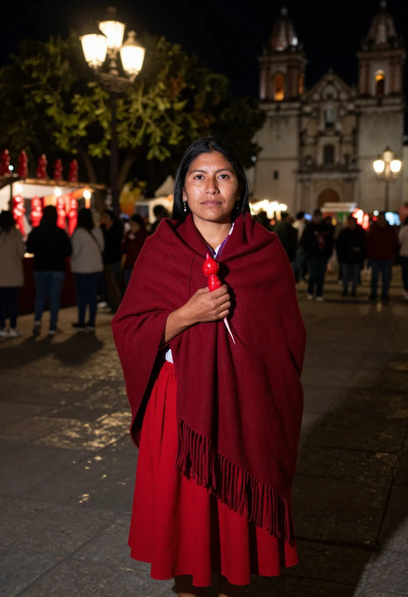 AI noche de rabanos oaxaca red sample — portrait of a woman, framed full-length from the head to the