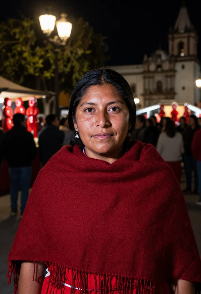 AI noche de rabanos oaxaca red sample — portrait of a woman, framed tight, head and shoulders, the b