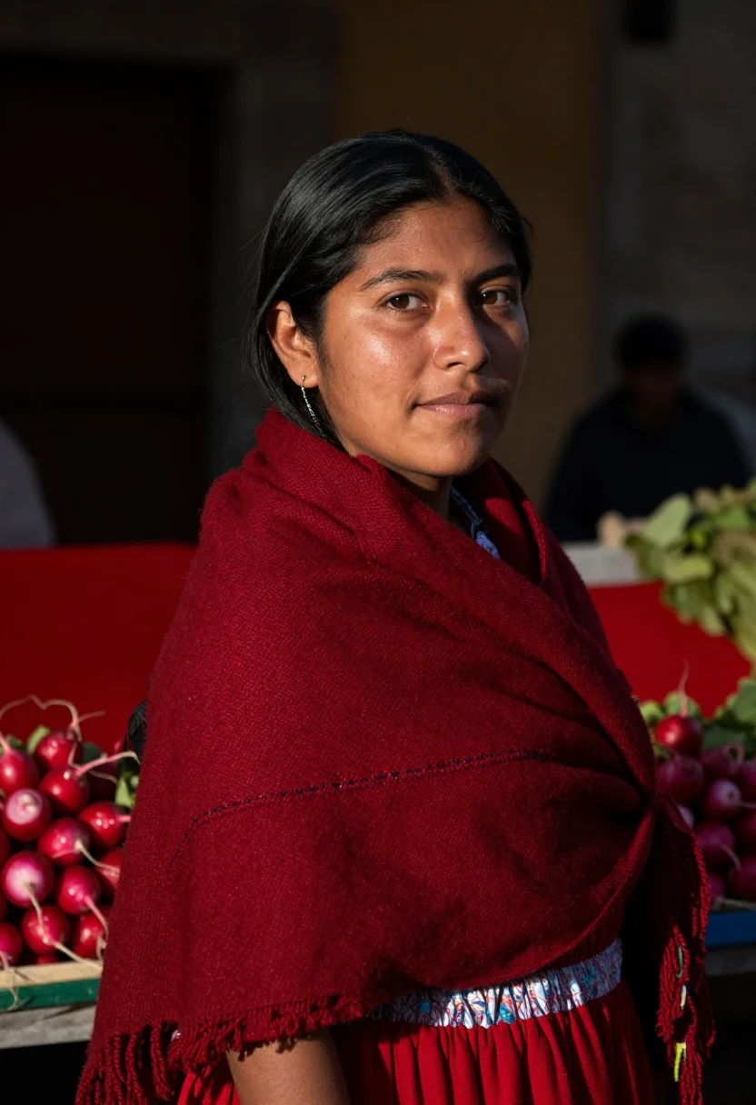 AI noche de rabanos oaxaca red sample — portrait of a woman, framed tight, head and shoulders, the b