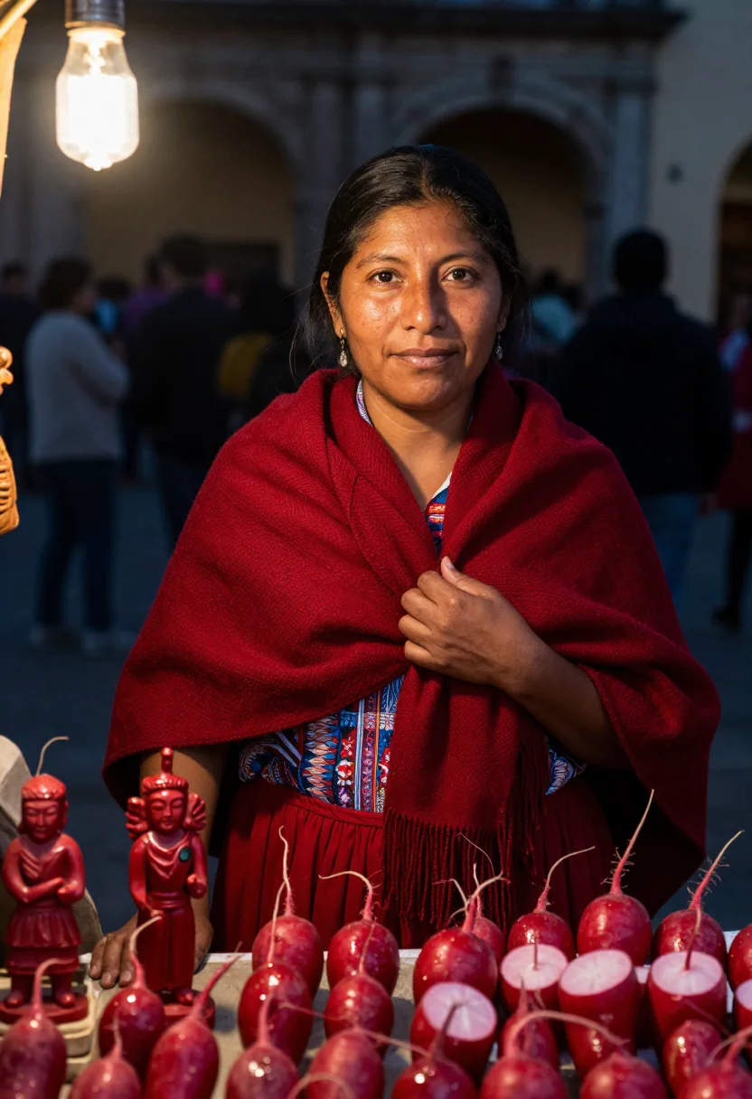 AI noche de rabanos oaxaca red sample — portrait of a woman, framed chest-up, cropped at the ribs, t