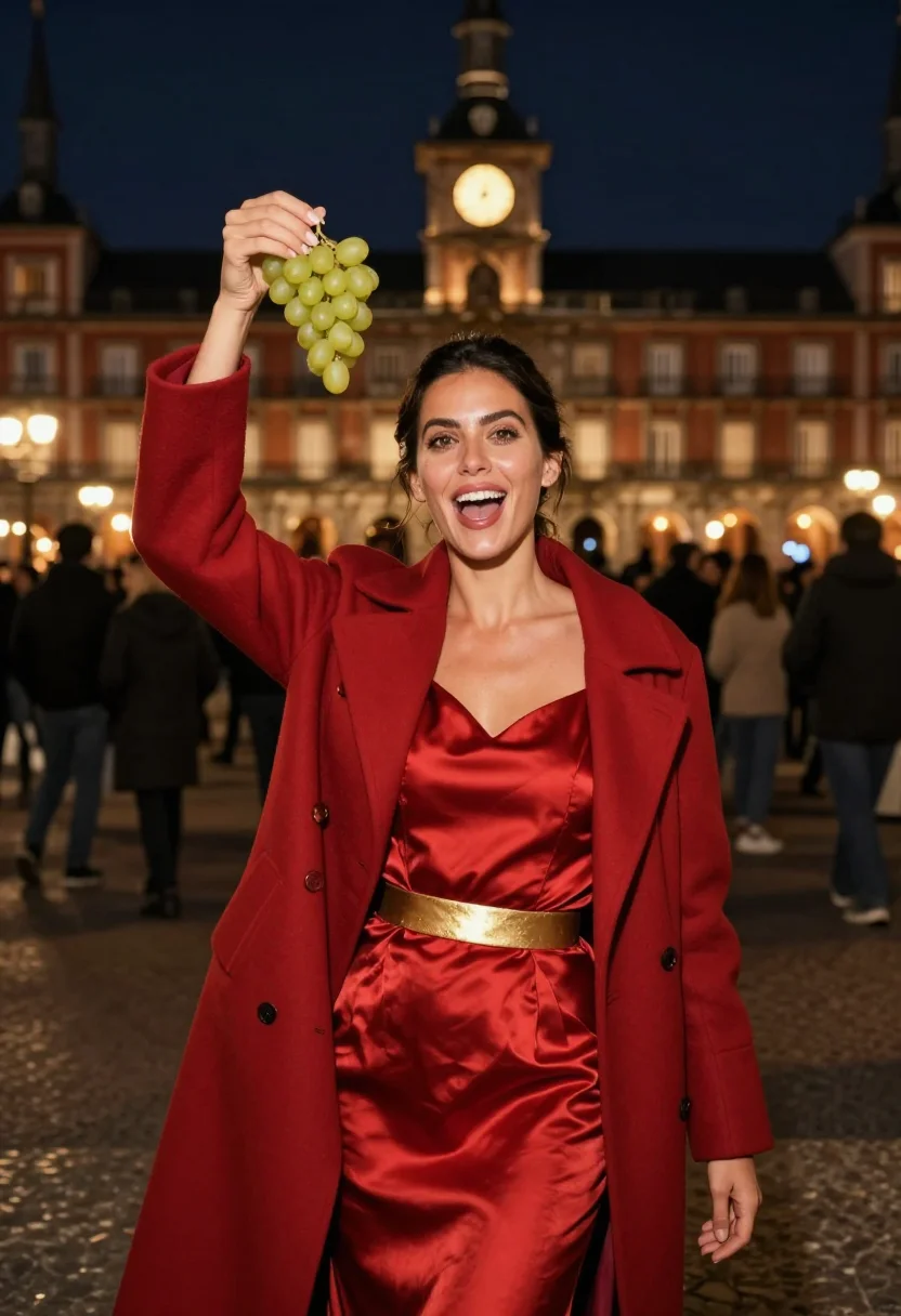 AI nochevieja puerta del sol sample — portrait of a woman, in her mid-thirties, with honey-toned s
