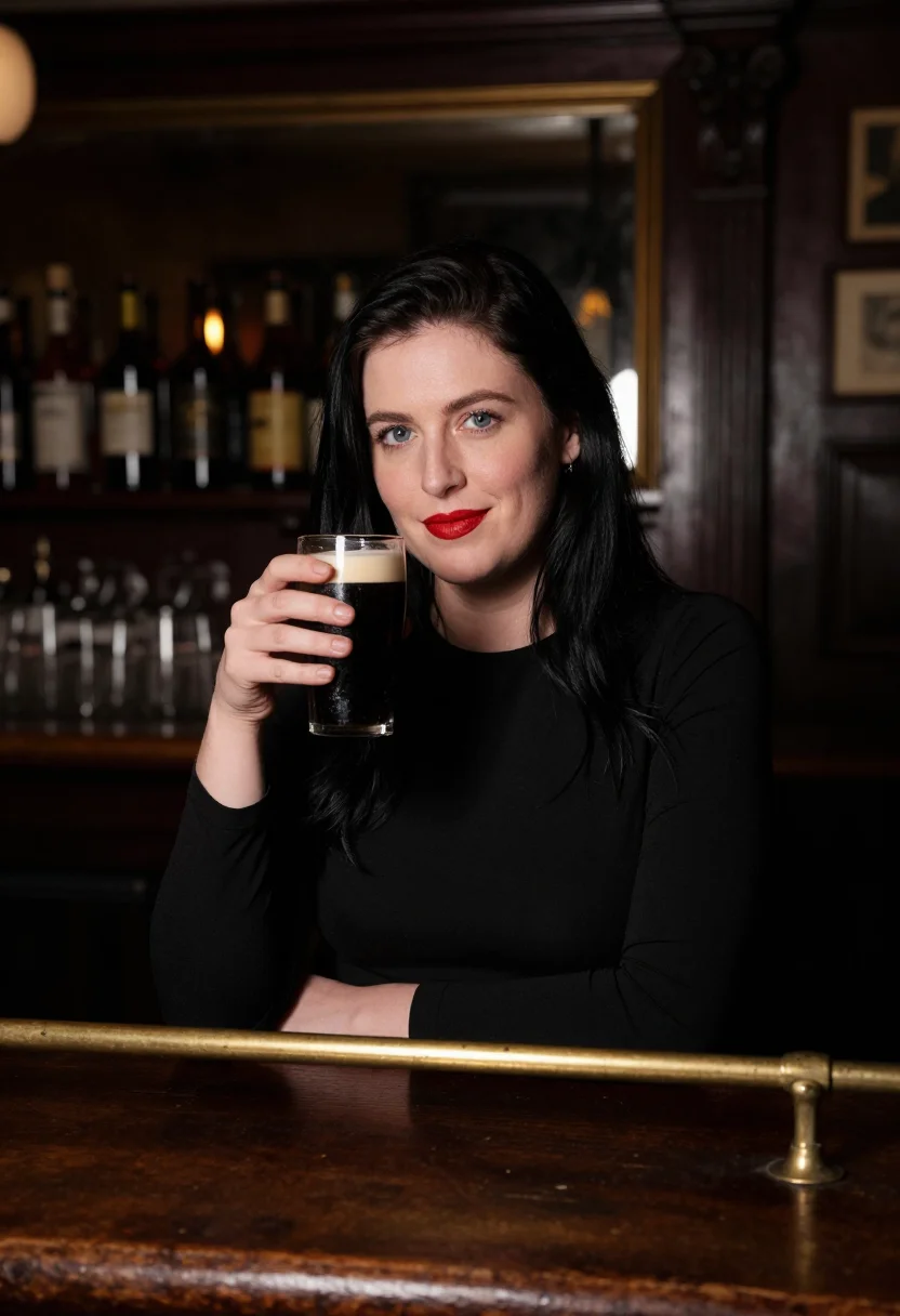 AI nollaig na mban cork red sample — portrait of a woman, framed chest-up with the crop at the ri