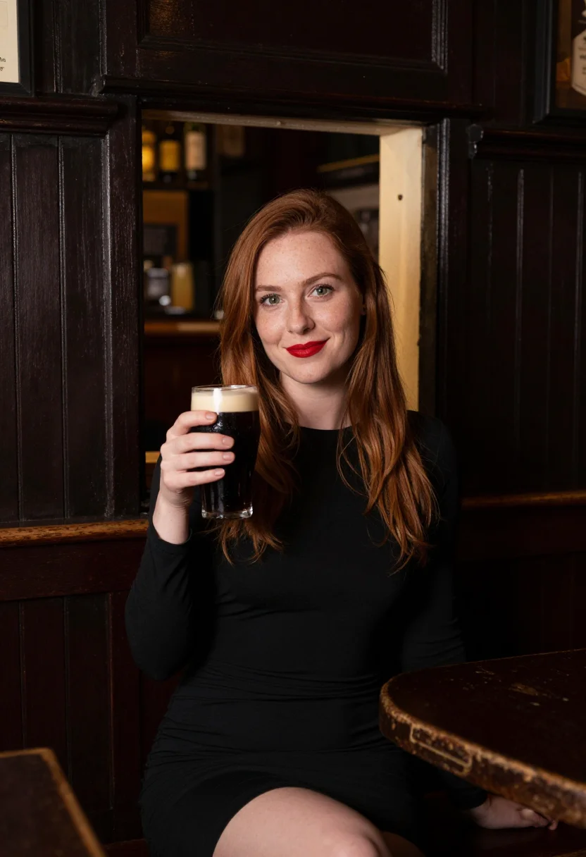 AI nollaig na mban cork red sample — portrait of a woman, framed chest-up with the crop at the ri