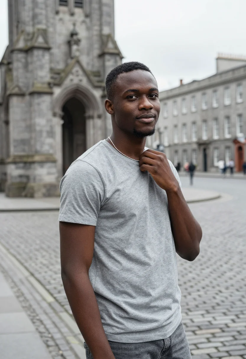 AI normal people trinity dublin connell chain sample — portrait of a man, a Nigerian-Irish man in his early twentie