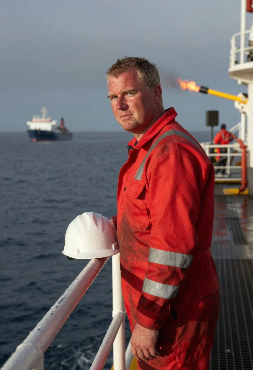 AI north sea rig sample — portrait of a man, waist-up portrait of a Scottish man in hi