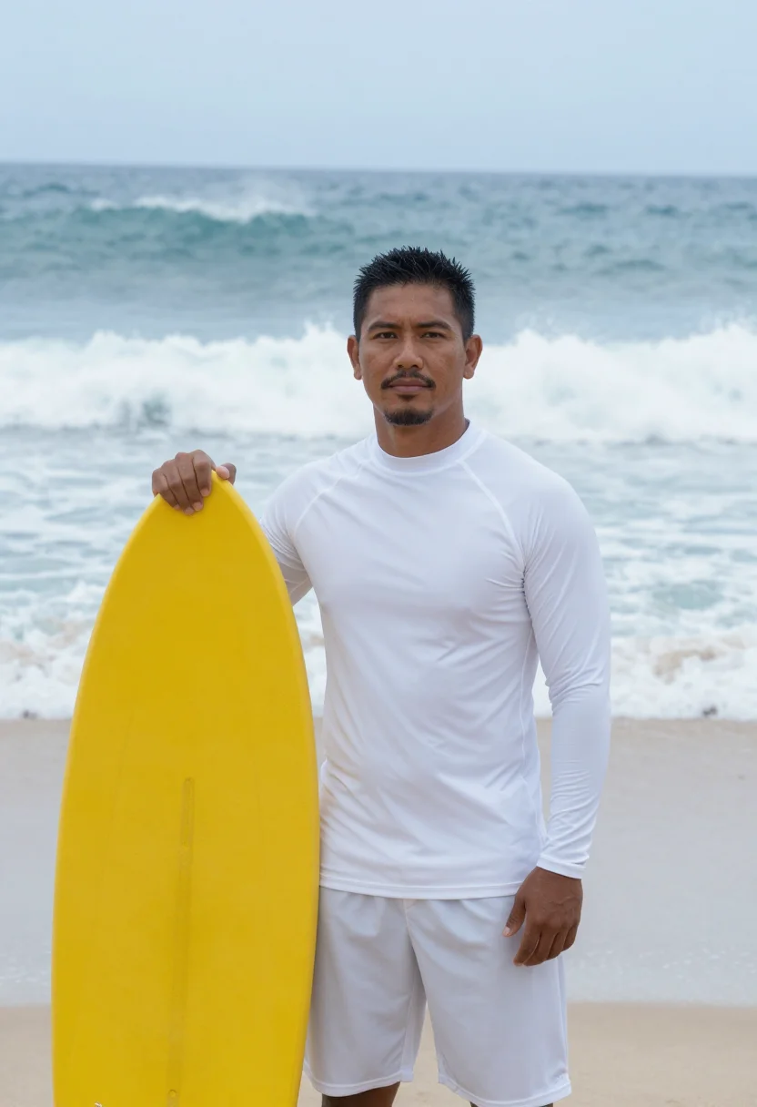 AI north shore lifeguard yellow sample — portrait of a man, in his forties, a Native Hawaiian lifegua