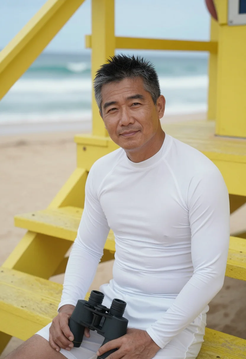 AI north shore lifeguard yellow sample — portrait of a man, in his forties, a Japanese-American lifeg