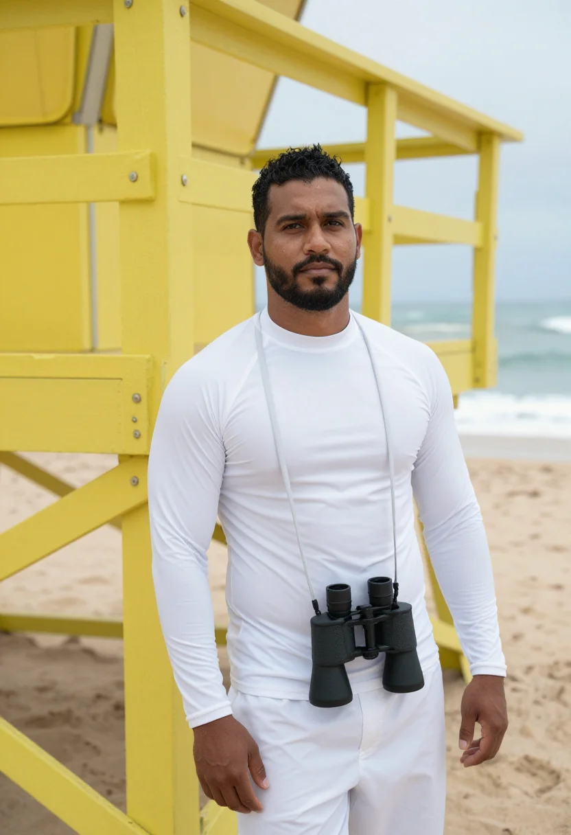 AI north shore lifeguard yellow sample — portrait of a man, in his thirties, a Samoan lifeguard with