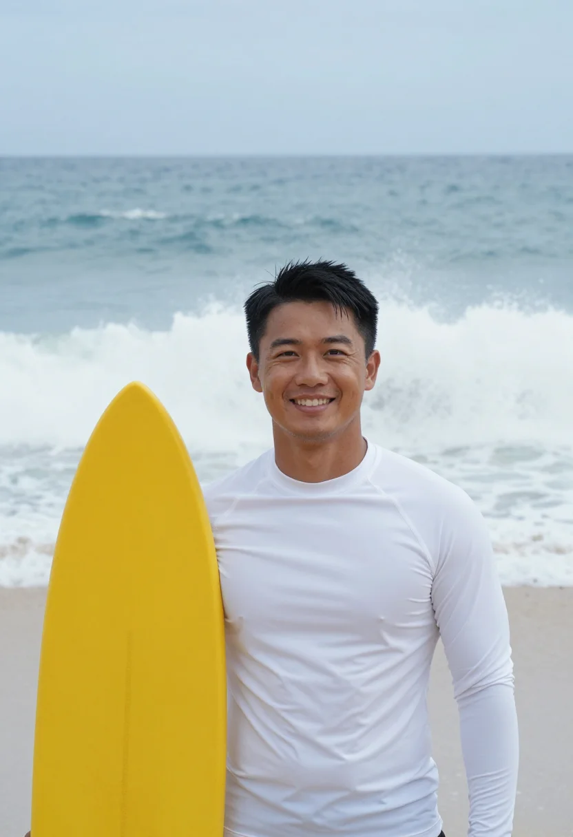 AI north shore lifeguard yellow sample — portrait of a man, in his early thirties, a Chinese-Hawaiian