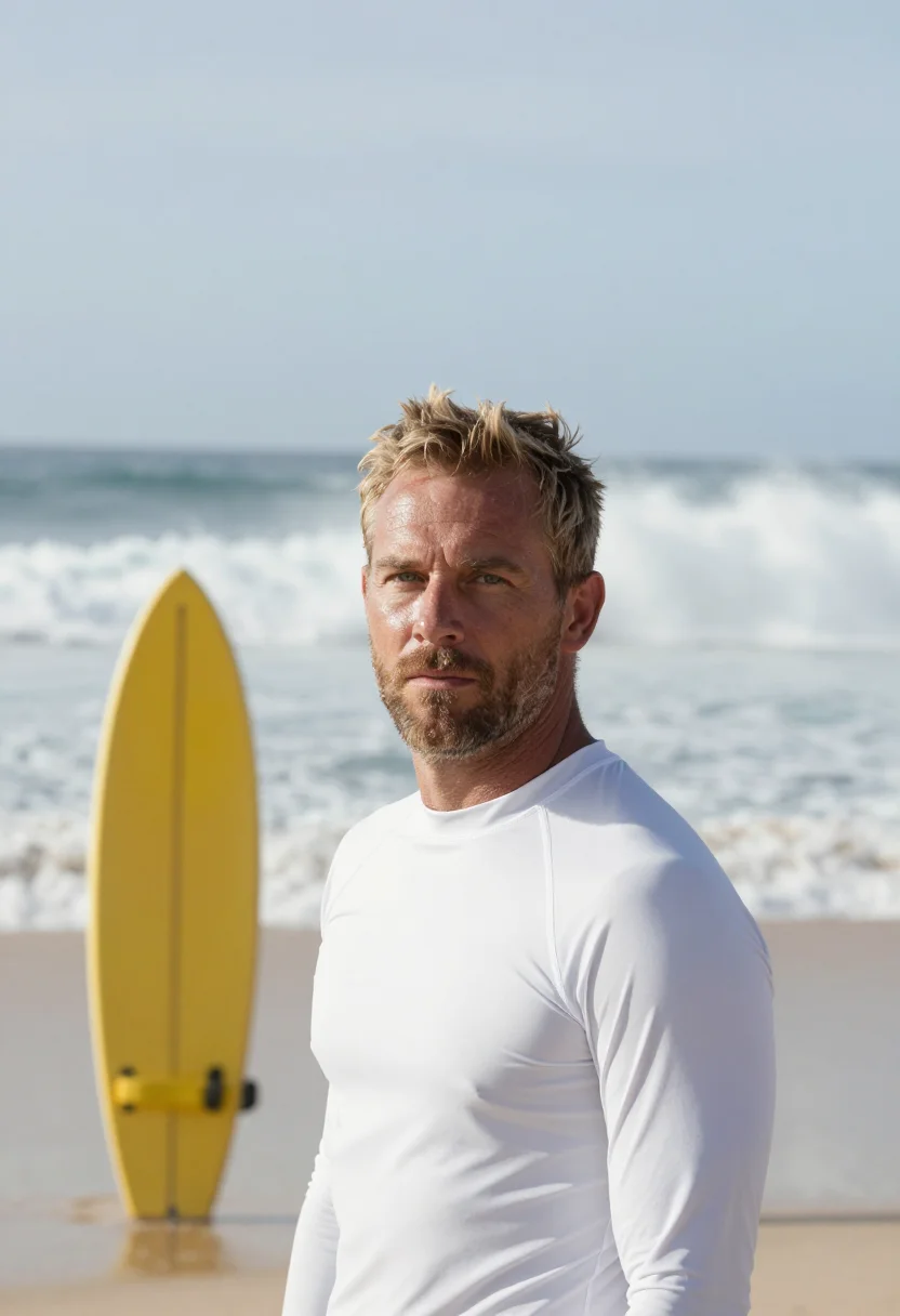 AI north shore lifeguard yellow sample — portrait of a man, in his late thirties, a lifeguard with we