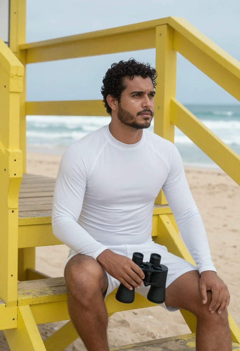 AI north shore lifeguard yellow sample — portrait of a man, in his thirties, a Portuguese-Hawaiian li