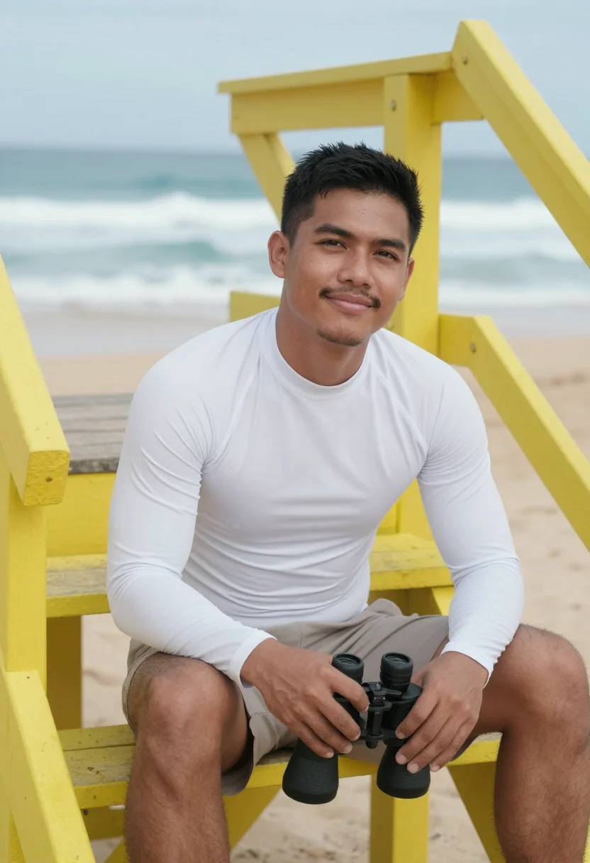 AI north shore lifeguard yellow sample — portrait of a man, in his late twenties, a Filipino-American