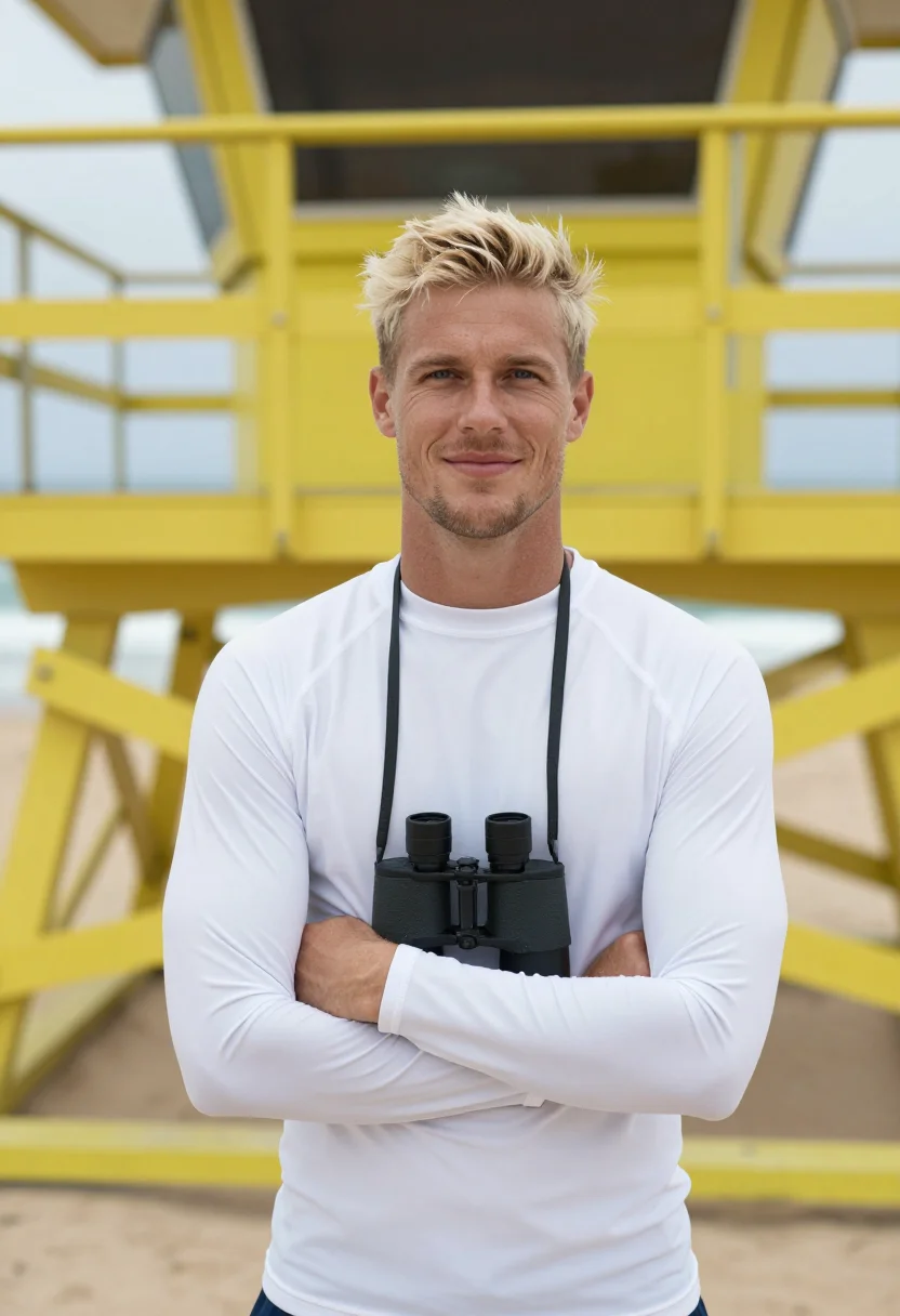 AI north shore lifeguard yellow sample — portrait of a man, in his late twenties, a lifeguard with ta