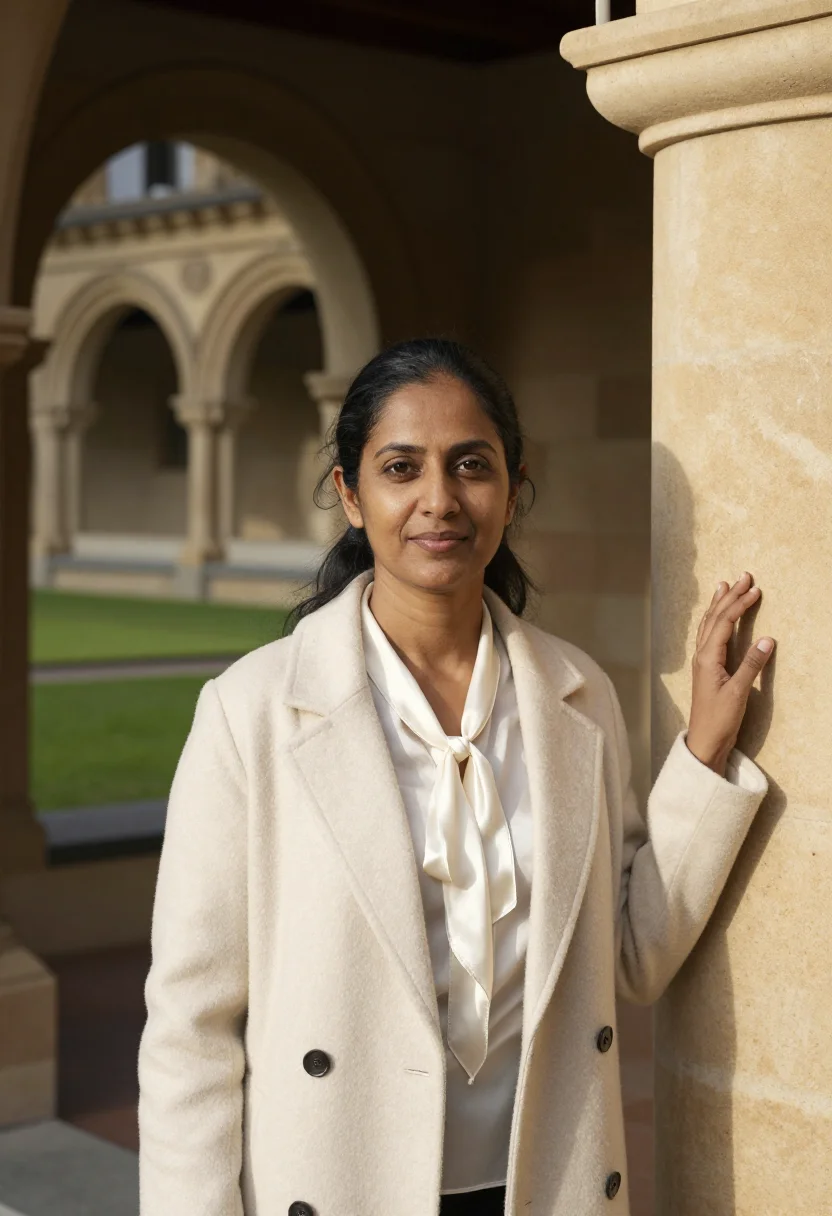 AI north terrace professor sandstone cream sample — portrait of a woman, a South-Asian professor in her mid-fort