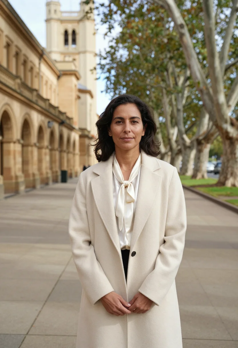 AI north terrace professor sandstone cream sample — portrait of a woman, a professor in her late forties with wa