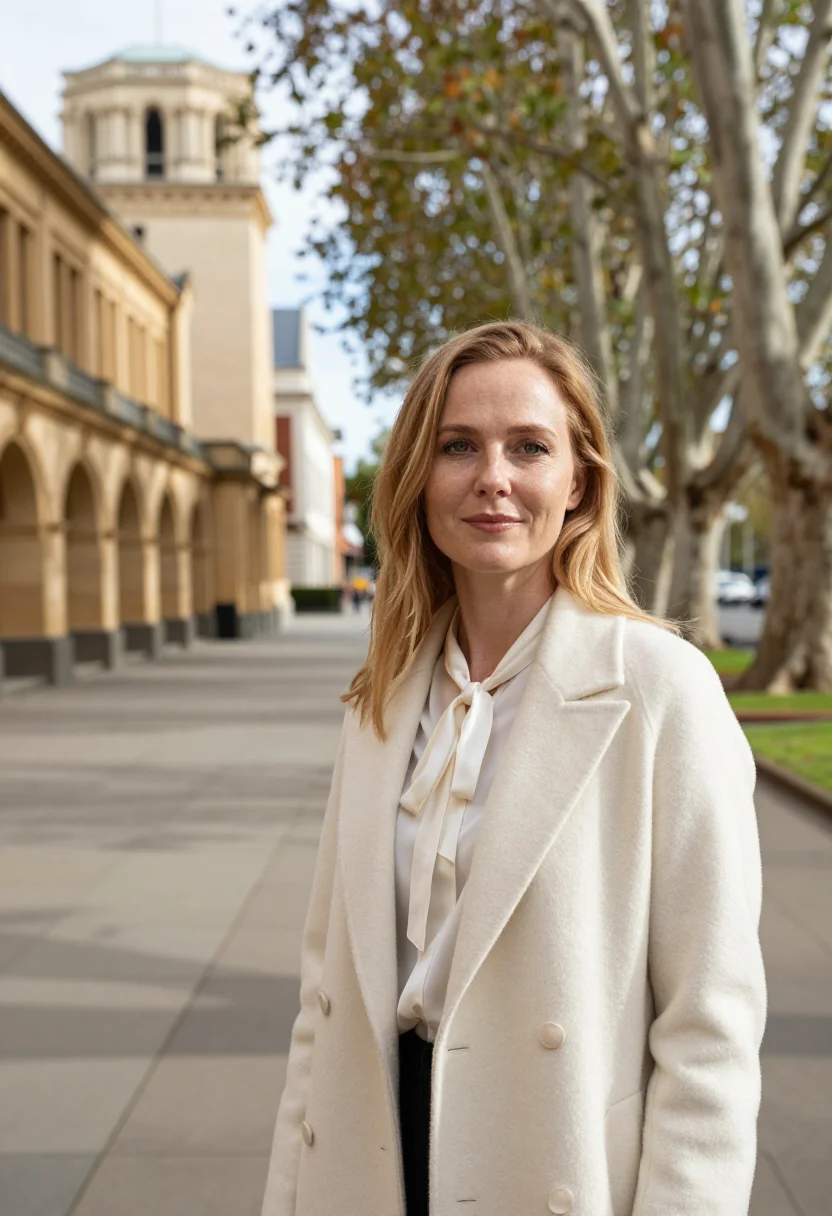 AI north terrace professor sandstone cream sample — portrait of a woman, a professor in her early forties with f