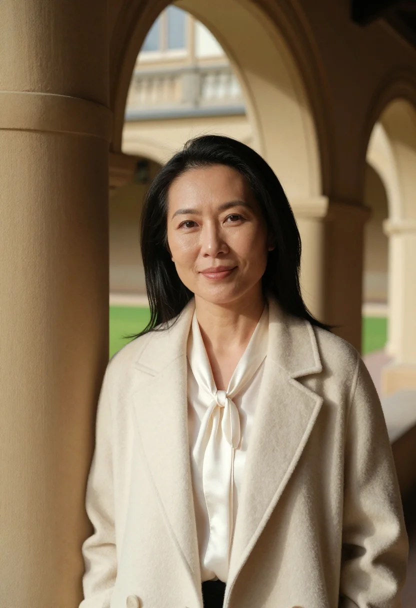 AI north terrace professor sandstone cream sample — portrait of a woman, an East-Asian professor in her late thi