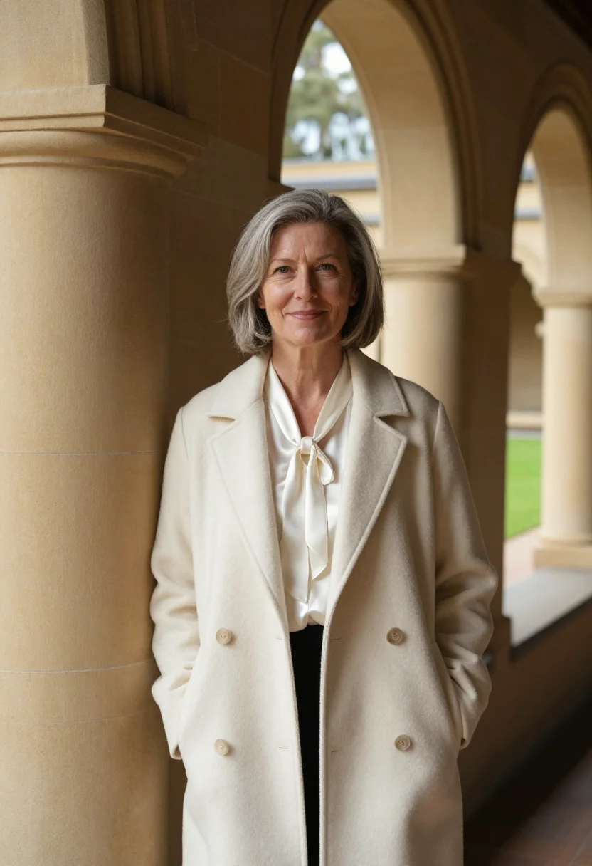 AI north terrace professor sandstone cream sample — portrait of a woman, a professor in her early sixties with f
