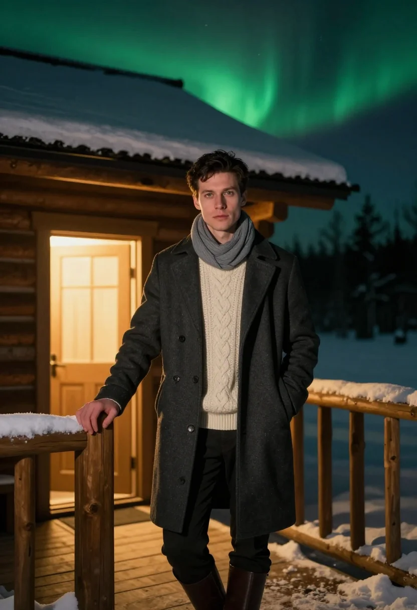 AI northern lights sample — portrait of a traveller, three-quarter-length portrait of a
