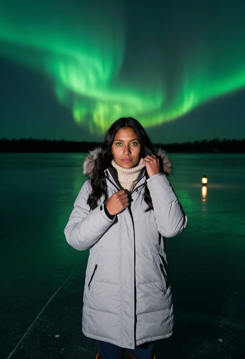 AI northern lights sample — portrait of a traveller, half-length portrait of a Latin-Ame