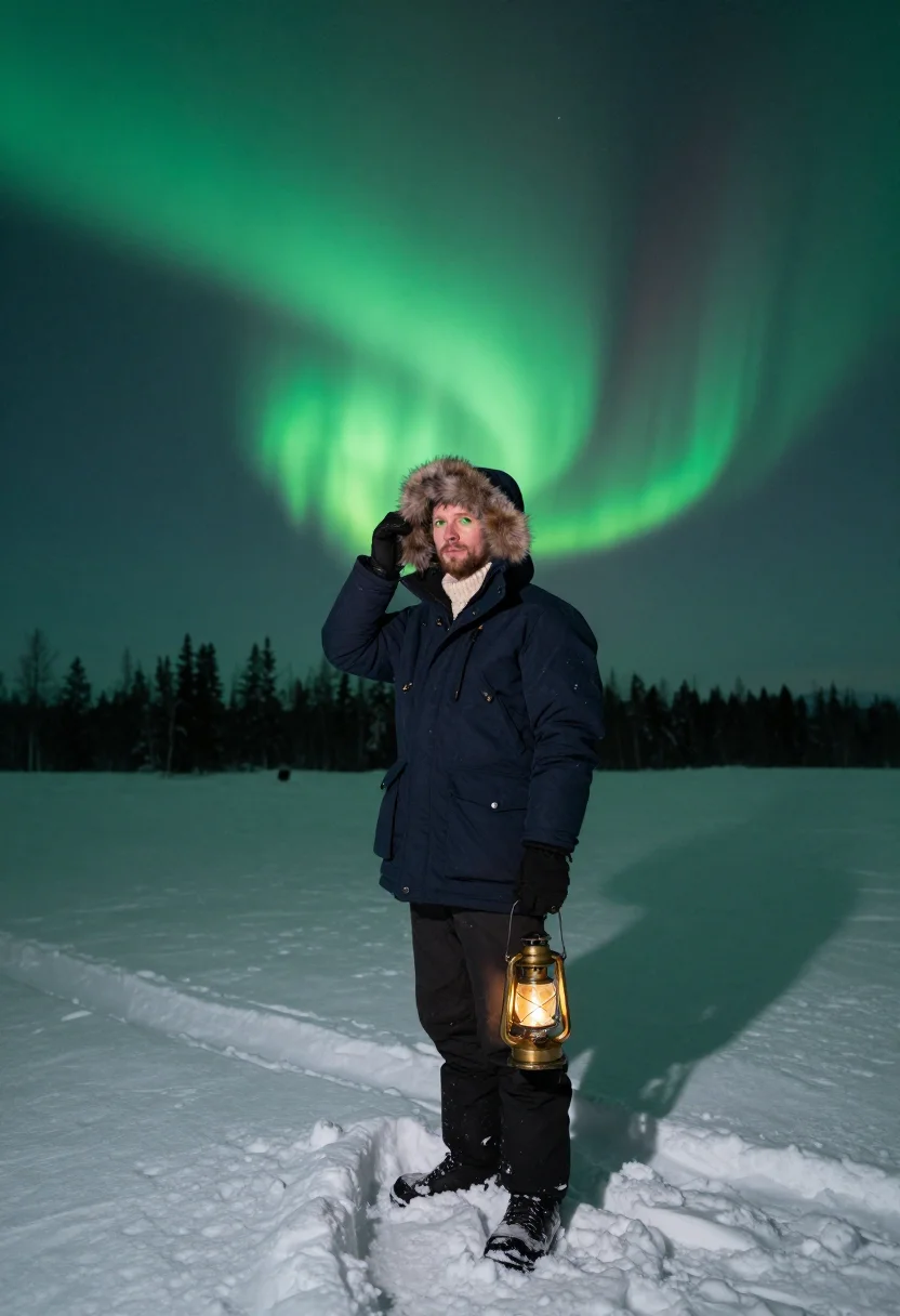 AI northern lights sample — portrait of a traveller, full-length portrait of a Nordic ma