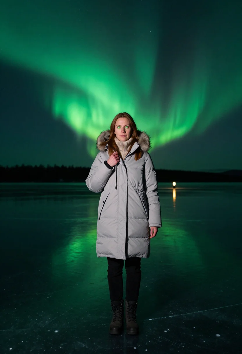 AI northern lights sample — portrait of a traveller, full-length portrait of a Western-E