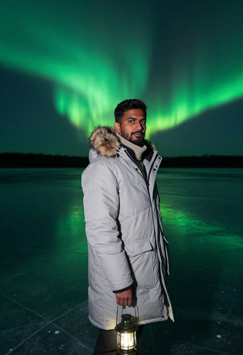 AI northern lights sample — portrait of a traveller, three-quarter-length portrait of a