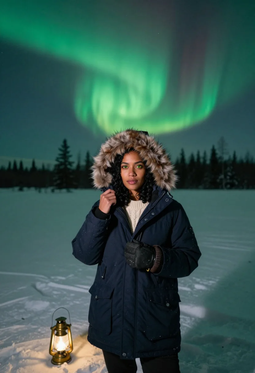 AI northern lights sample — portrait of a traveller, half-length portrait of a mixed-her
